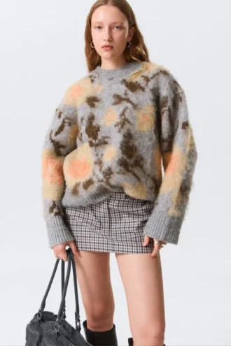 Afslappet, børstet jacquard-striktrøje – grå melange – jacquard
