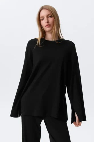 Afslappet langærmet jersey-top – sort