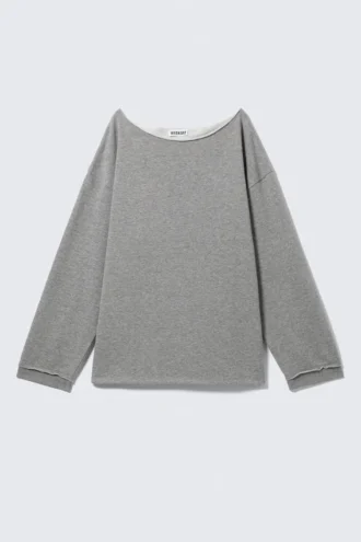 Afslappet pyjamasbluse med bare skuldre i frotté – grå melange