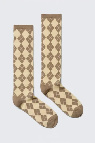 Argyle knæstrømper – Dusty Ecru & Mole Argyle