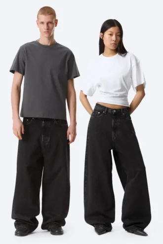 Astro Mid Rise Baggy Faux Leather Pocket Jeans – Black Rinse – Sort