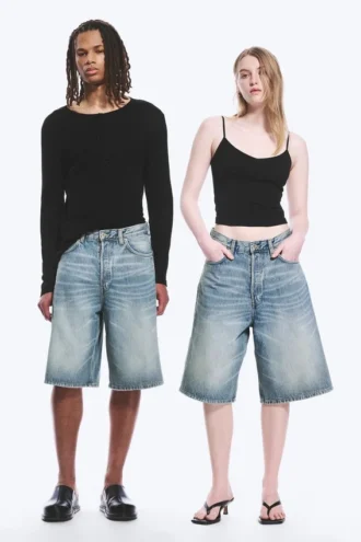 Astro Mid Rise Loose Baggy Denim Shorts – Blue Stream – Medium Blue