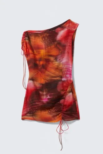 Asymmetrisk draperet minikjole – orange/rød – Calypso Flower