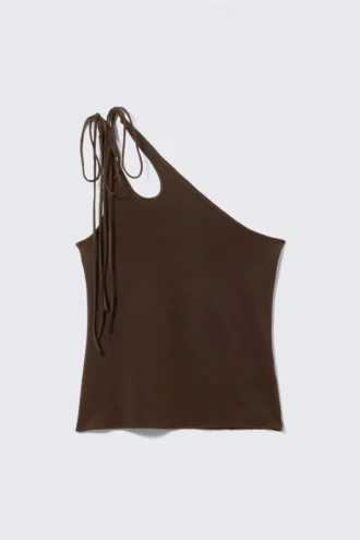 Asymmetrisk jersey-toppe med bindebånd – mørkebrun