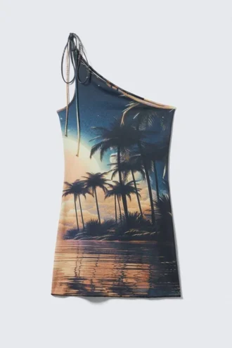 Asymmetrisk mini-kjole med bindebånd – Palm Beach