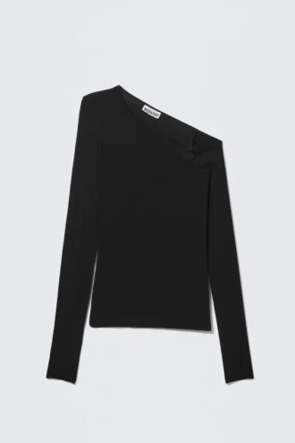 Asymmetrisk ribbet langærmet bluse – sort