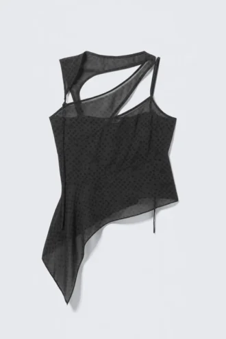 Asymmetrisk top i mesh med udskæringer – mørkegrå – prikker