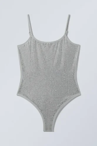 Badedragt med rund hals og rhinestones – Grå – Rhinestones
