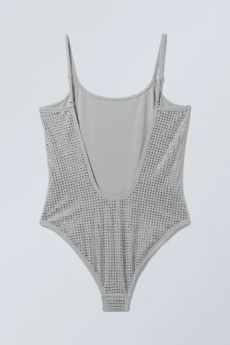 Badedragt med rund hals og rhinestones – Grå – Rhinestones