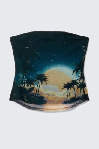 Bandeau-top i printet mesh – mørk turkis – solnedgang