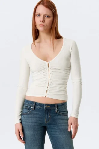 Belle B Cardigan med rynket V-hals – Hvid