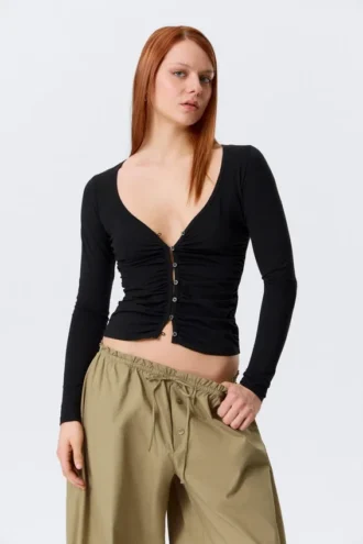Belle B Cardigan med rynket V-hals – Sort