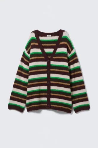 Blød strikket cardigan med V-hals – Blomme/grøn/beige striber
