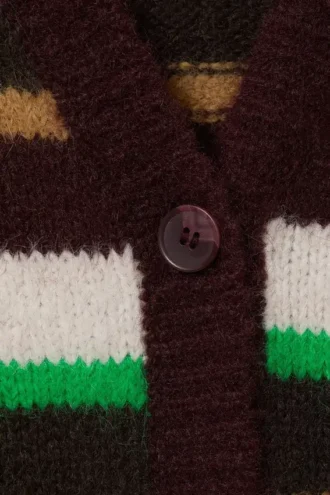 Blød strikket cardigan med V-hals – Blomme/grøn/beige striber