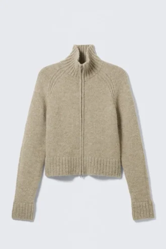 Blød, tætsiddende strikket Cardigan med lynlås – beige melange