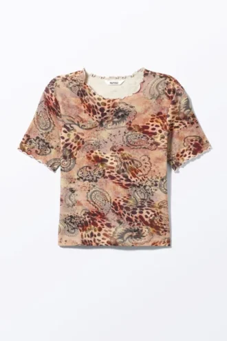 Blødt T-shirt med kort ærme og print – lyserød – leopard-paisley-mønster