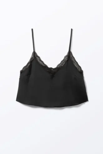Bluse med spaghettistropper i satin – sort