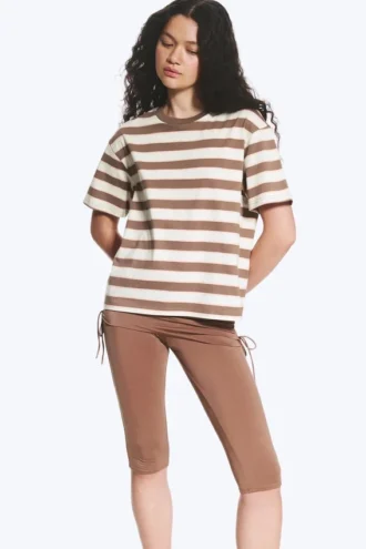 Boksformet bomulds-T-shirt – hvid/brun/ferskenfarvet stribet