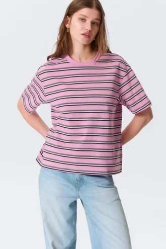 Boksformet bomuldst-T-shirt – stribet lyserød
