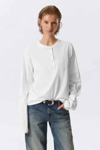 Boksformet langærmet Henley-T-shirt – hvid