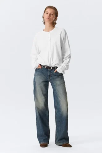 Boksformet langærmet Henley-T-shirt – hvid
