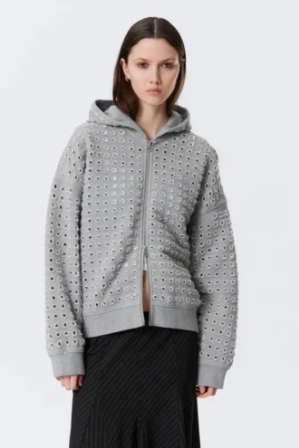 Boxy laser-cut zip-hættetrøje – grå melange