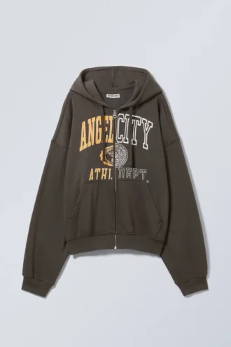 Boxy med print på ryggen Zip Hættetrøje – Mørkegrå – Angel City