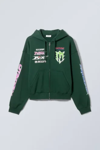 Boxy Med print Zip Hættetrøje – Multi-Printed Dark Green