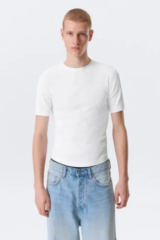 Boxy Slim Fit Ribbet T-shirt – Hvid