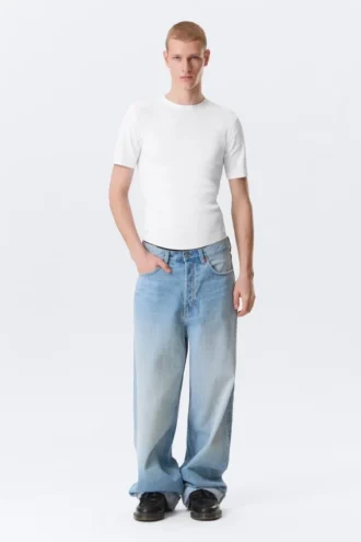 Boxy Slim Fit Ribbet T-shirt – Hvid