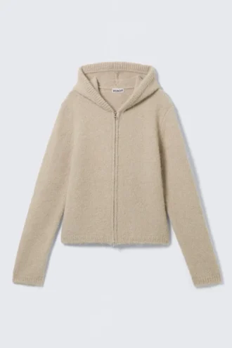 Boxy strikket hættetrøje med lynlås – Beige