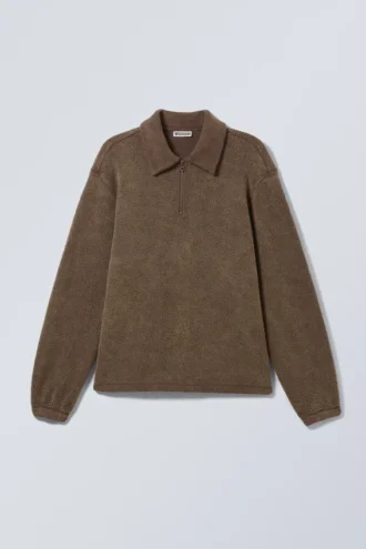Boxy sweatshirt i fleece med halv lynlås – vasket mørkebrun