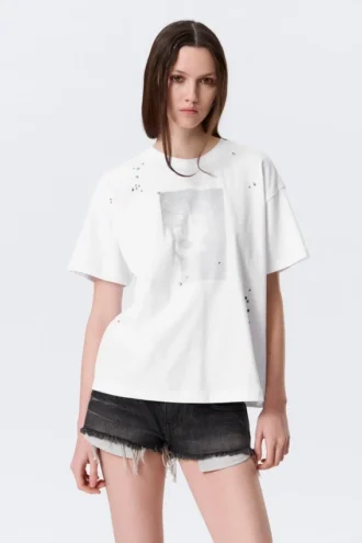 Boxy T-shirt med nitter og med print – hvid – gotisk ansigtsprint