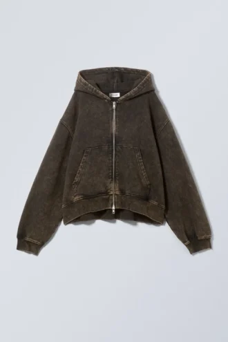 Boxy Washed Zip Hættetrøje – Washed Brown