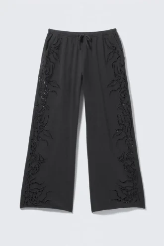 Broderie Anglaise løstsiddende bukser – mørkegrå