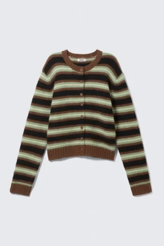 Børstet strikket cardigan med knapper – brune/sorte/grønne striber