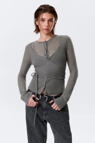 Cardigan i uldblanding med knapper og wrap-effekt – grå