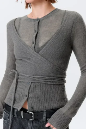 Cardigan i uldblanding med knapper og wrap-effekt – grå