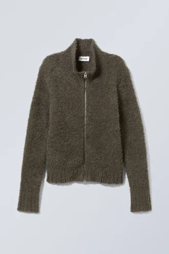 Carla Zip Hairy Cardigan – Mørk khaki