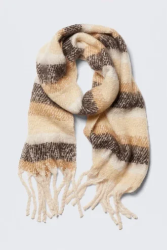 Chunky tørklæde med frynser – stribet beige