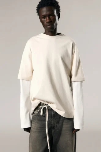 Dobbeltlags bomulds-T-shirt – lys beige og hvid