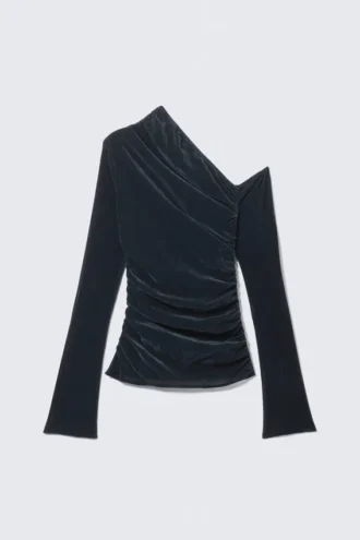 Draperet asymmetrisk top i fløjlsmesh – mørkeblå