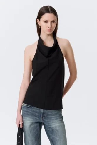 Draperet halterneck-top med krave – Sort