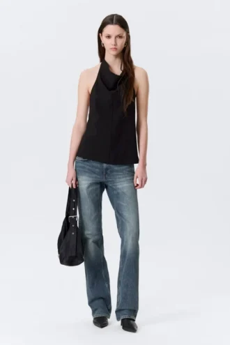 Draperet halterneck-top med krave – Sort