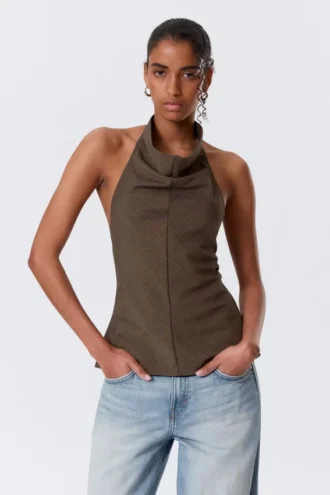 Draperet halterneck-top med krave – stribet brun
