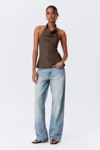 Draperet halterneck-top med krave – stribet brun