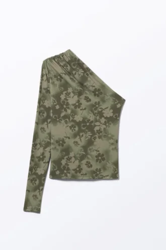 Draperet nylon-top med én skulder – Khakigrøn – Sprøjteblomster