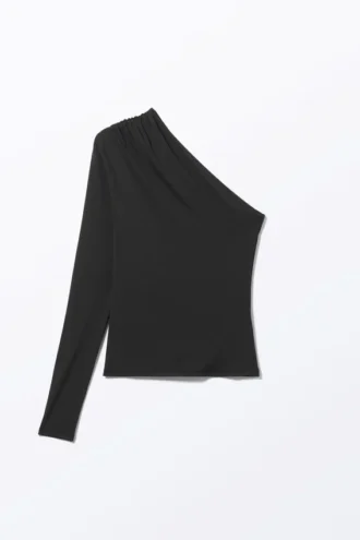 Draperet nylon-top med én skulder – Sort