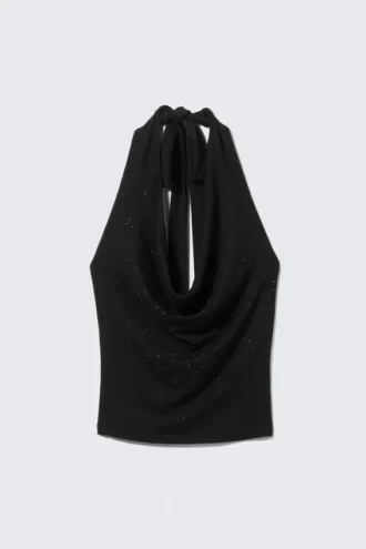 Draperet top med rhinsten – Sort