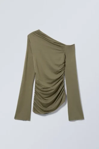 Drapet asymmetrisk lyocell-top – støvet khakigrøn